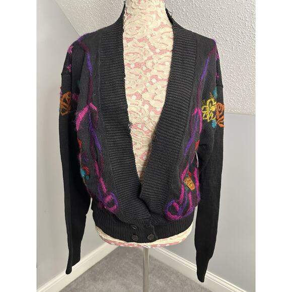 Vintage 90s Black Floral Embroidered Sweater Sz Medium Boho Anthro Vibes Grannie - Picture 12 of 12